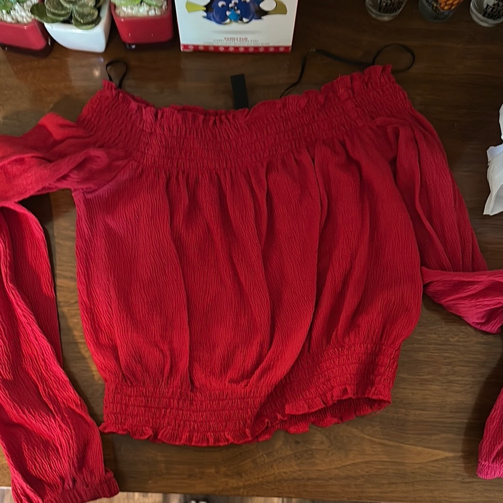 H&M Red Smocked Blouse with Relaxed Fit